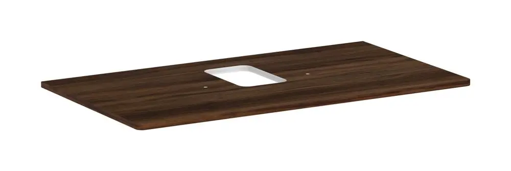Holztischplatte in dunkler Nussbaum-Optik mit mittigem Ausschnitt, geeignet für einen Aufsatzwaschtisch, von Hansgrohe.